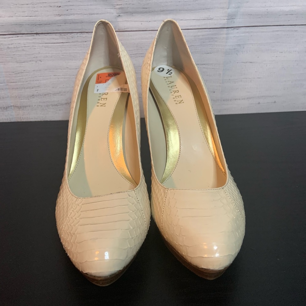 Cream Lauren Ralph Lauren Snake Print Pump With Brown Wooden Bottom